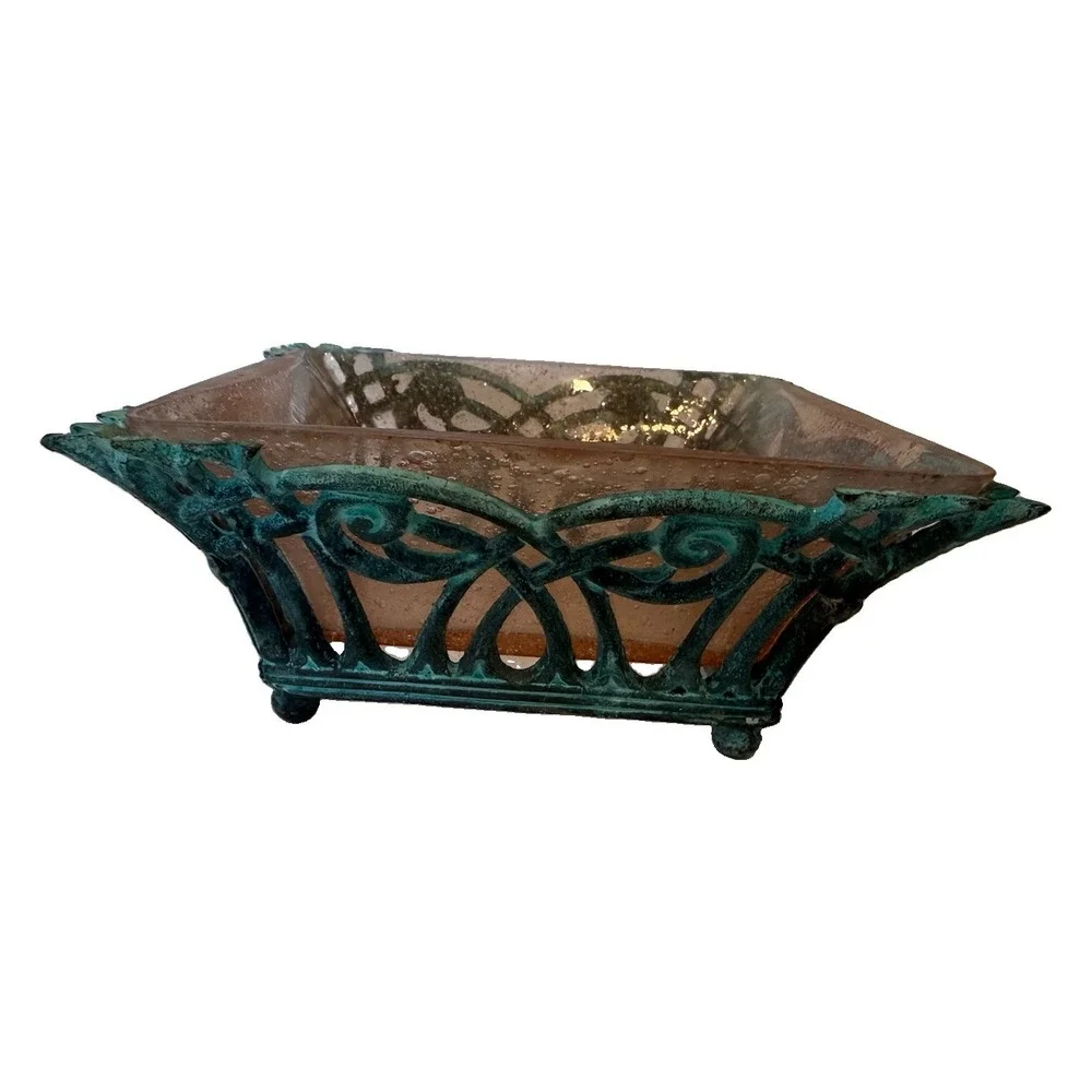 1987 Terragrafics Art Nouveau Verdigris Footed Bowl w Pink Seeded Glass Insert